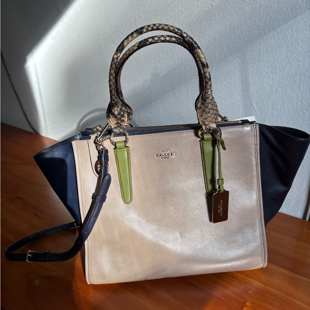 Coach Crosby Carryall Tote with python-embossed leather trim handles
